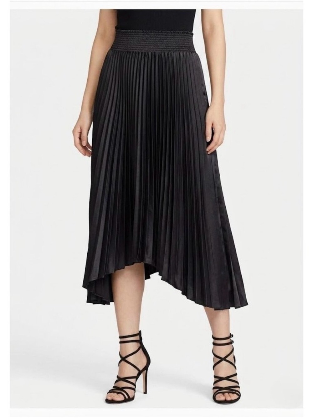 NWT Elie Tahari Black Smocked Waist Asymmetric Pleated Midi Skirt - Size S